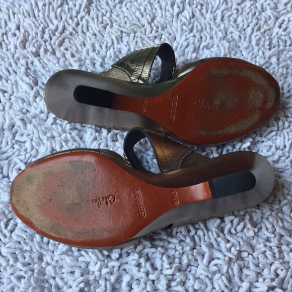 Cole Haan Shoe Gold Leather Slip On Woven Detail Peep Toe Wedges - Picture 5 of 6